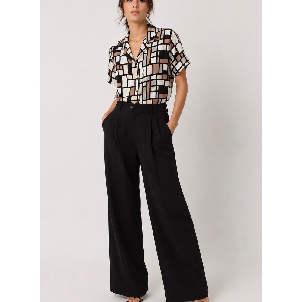 Vintage Notations Abstract Geometric Button Front Camp Collar Blouse Sz L Y2K